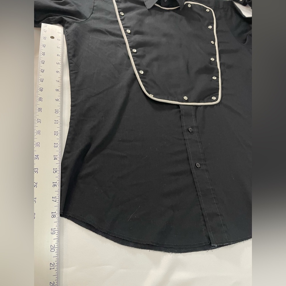VTG Western Trends by Panhandle Slim Black Pearl Snap Bib Shirt w/ white trim - Picture 13 of 15